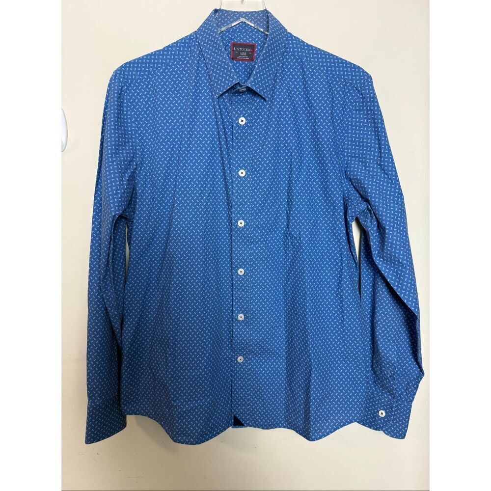 UNTUCKit Scissors Print Button Down Shirt Blue 100% Cotton Men’s Large Slim Fit